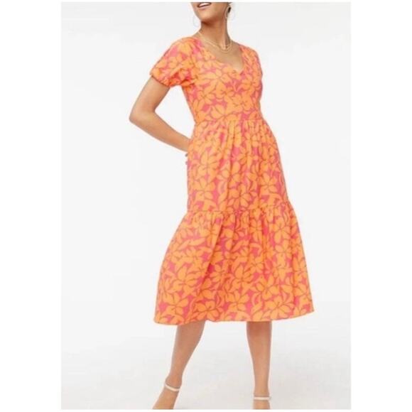 J. Crew Women’s Sz 12 Orange Pink Puff Sleeve Midi Dress Boho Stretch Cotton - Picture 1 of 14
